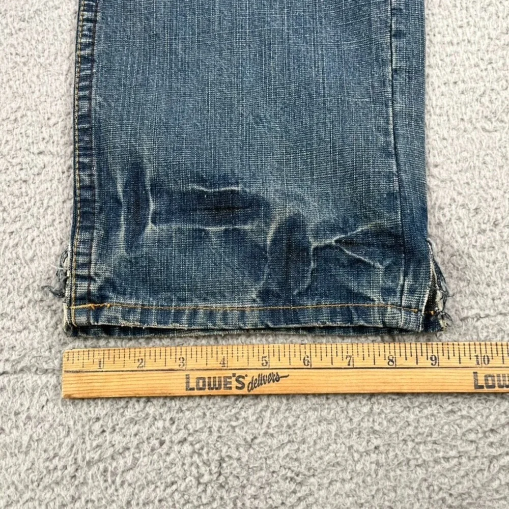 True Religion Logan Jeans Men 38 Blue Button Fly Distressed Split Hem‎ Whiskers